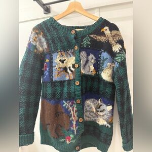 Vintage hand knit wool REI woodlands animal cardigan